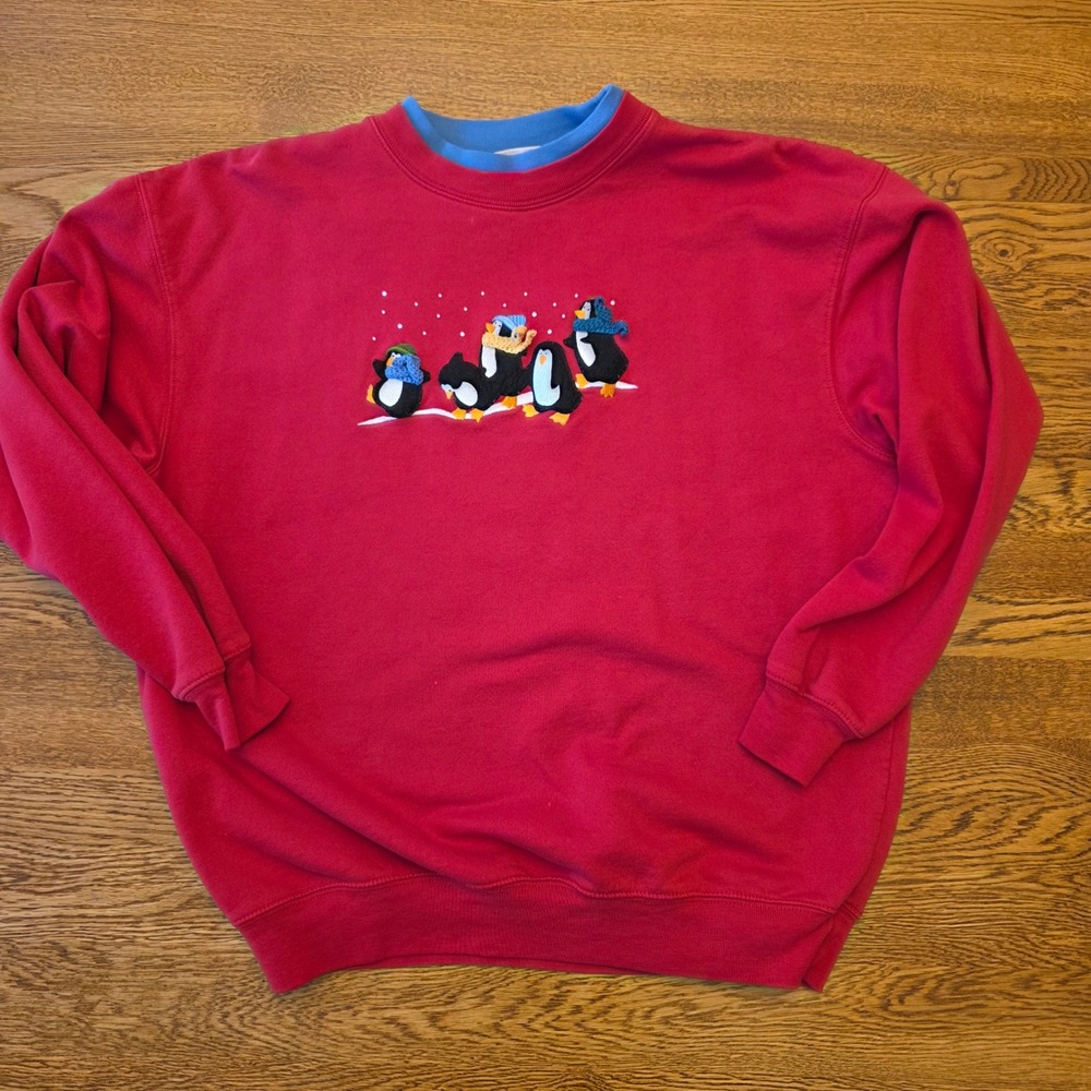 Vintage Red Penguin‎ Embroidered Sweatshirt Grandma Winter Holiday Pullover